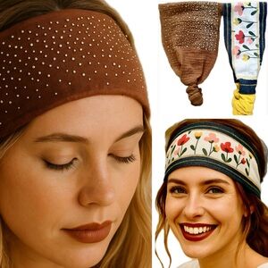 2-Pack Rhinestone Cotton Boho Headband Set • Adjustable Elastic Fit & Versatile